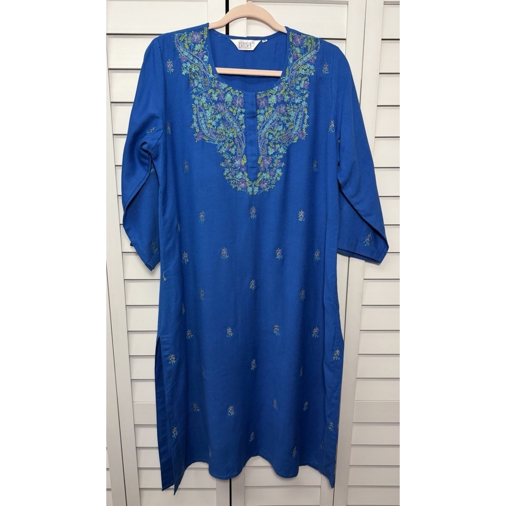 BIBA Embroidered Kurta 3/4 Sleeve Side Slit Tunic Women's Size 38 Blue